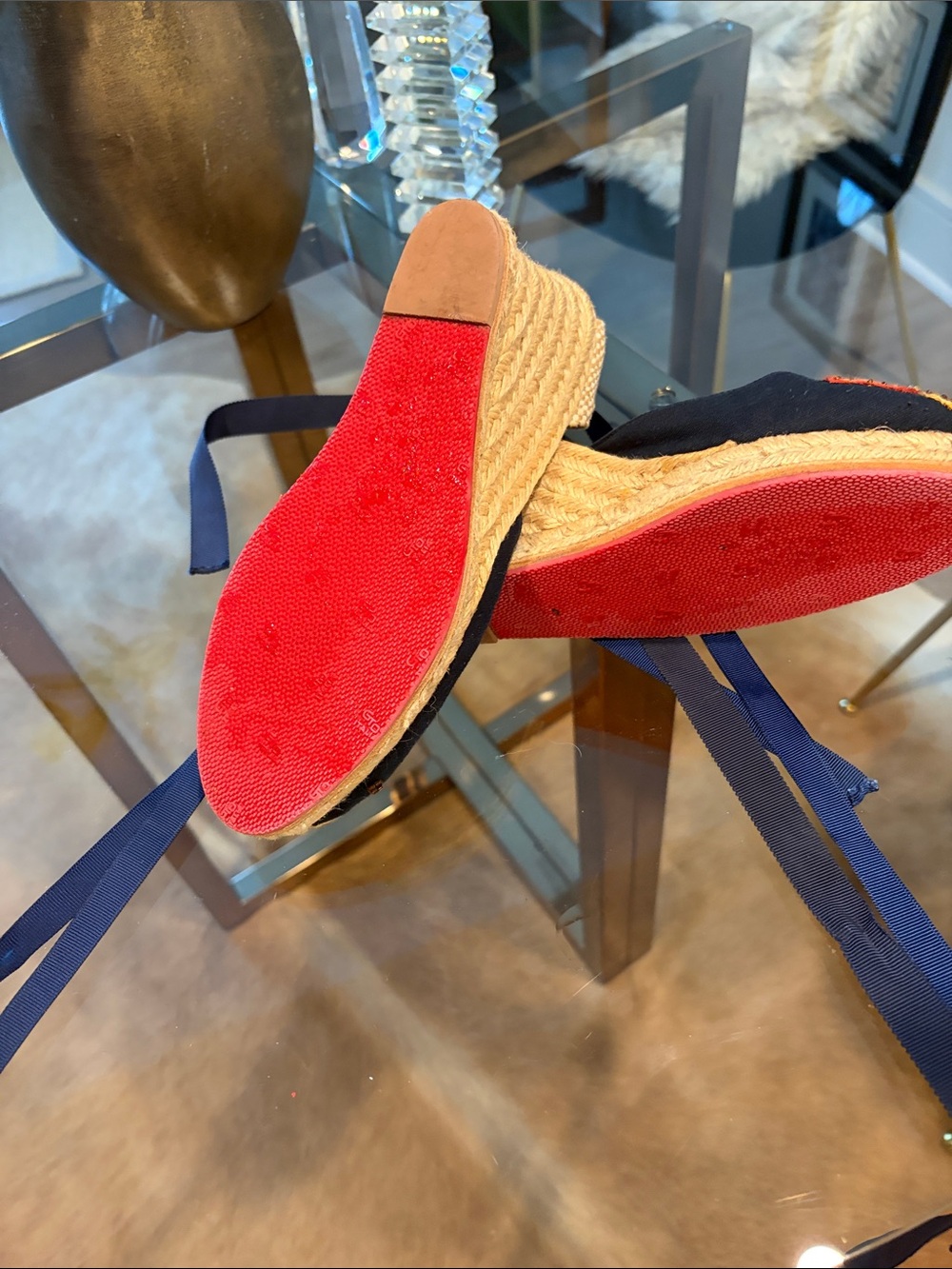 Christian Louboutin Navy Ribbon Espadrille Wedge with Embroidered Toe - Picture 6 of 7
